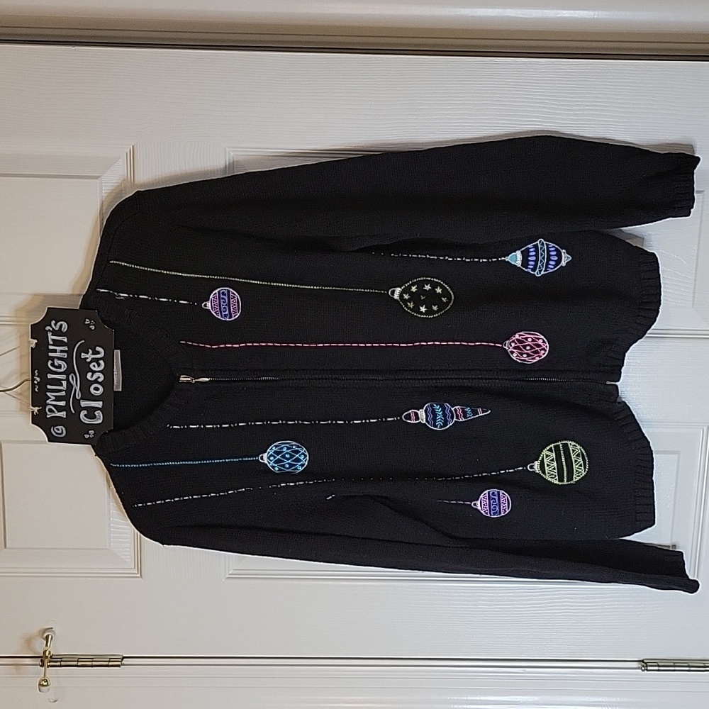 Croft & Barrow Medium Christmas Cardigan Sweater Black Ornaments Zip Up